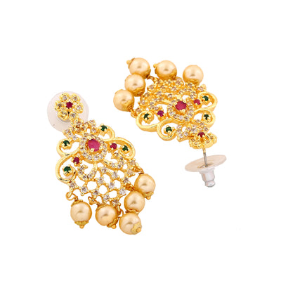 Estele Gold Plated CZ Manbhavan Earrings with Pearl & Multi Color Crystals for Women