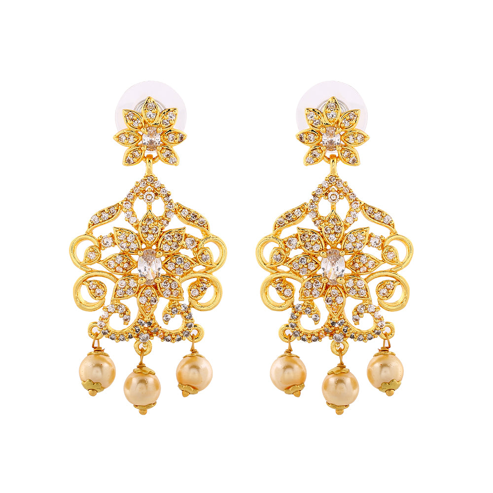 Estele Gold Plated CZ Charming Drop Earrings with Pearl & White Crystals for Women