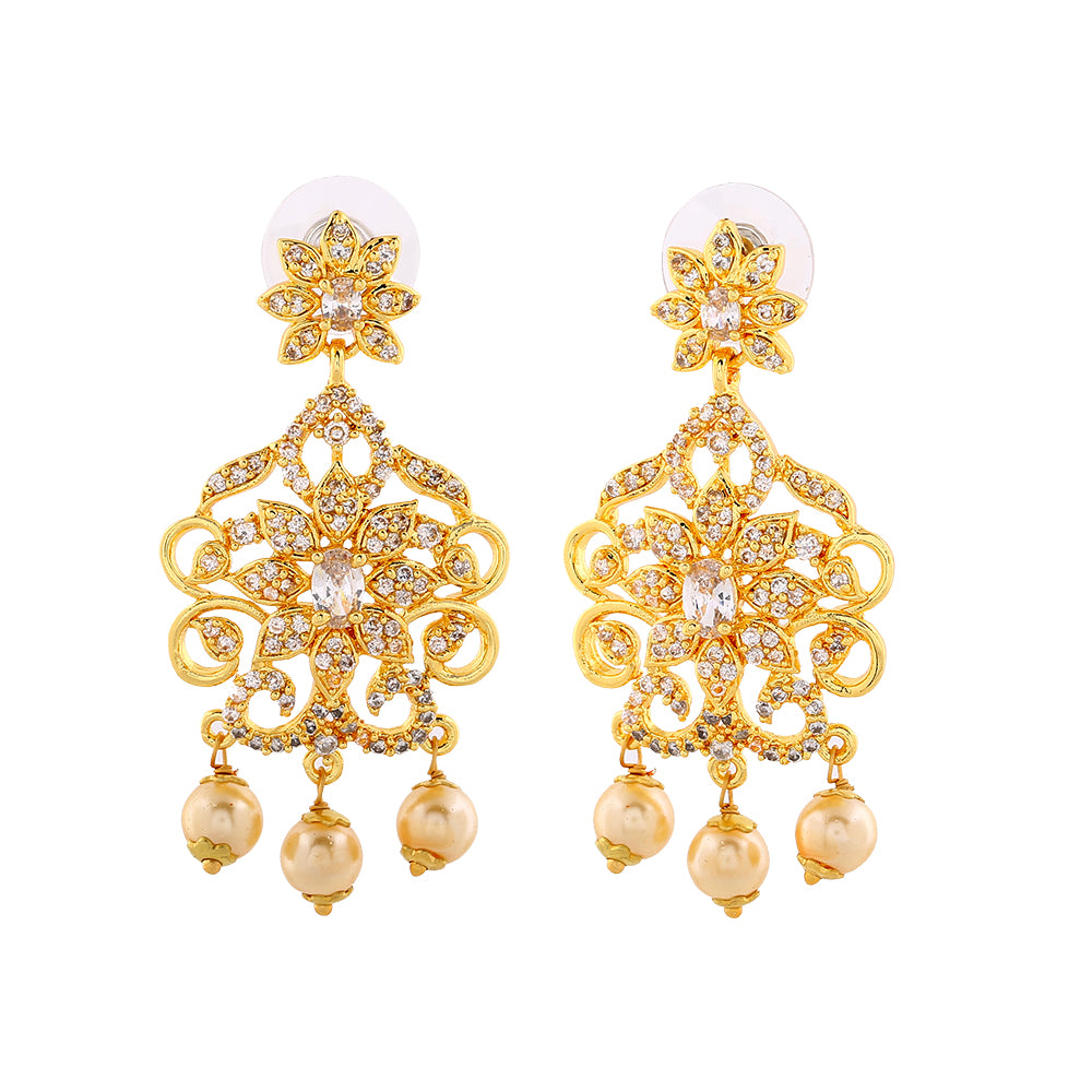 Estele Gold Plated CZ Charming Drop Earrings with Pearl & White Crystals for Women