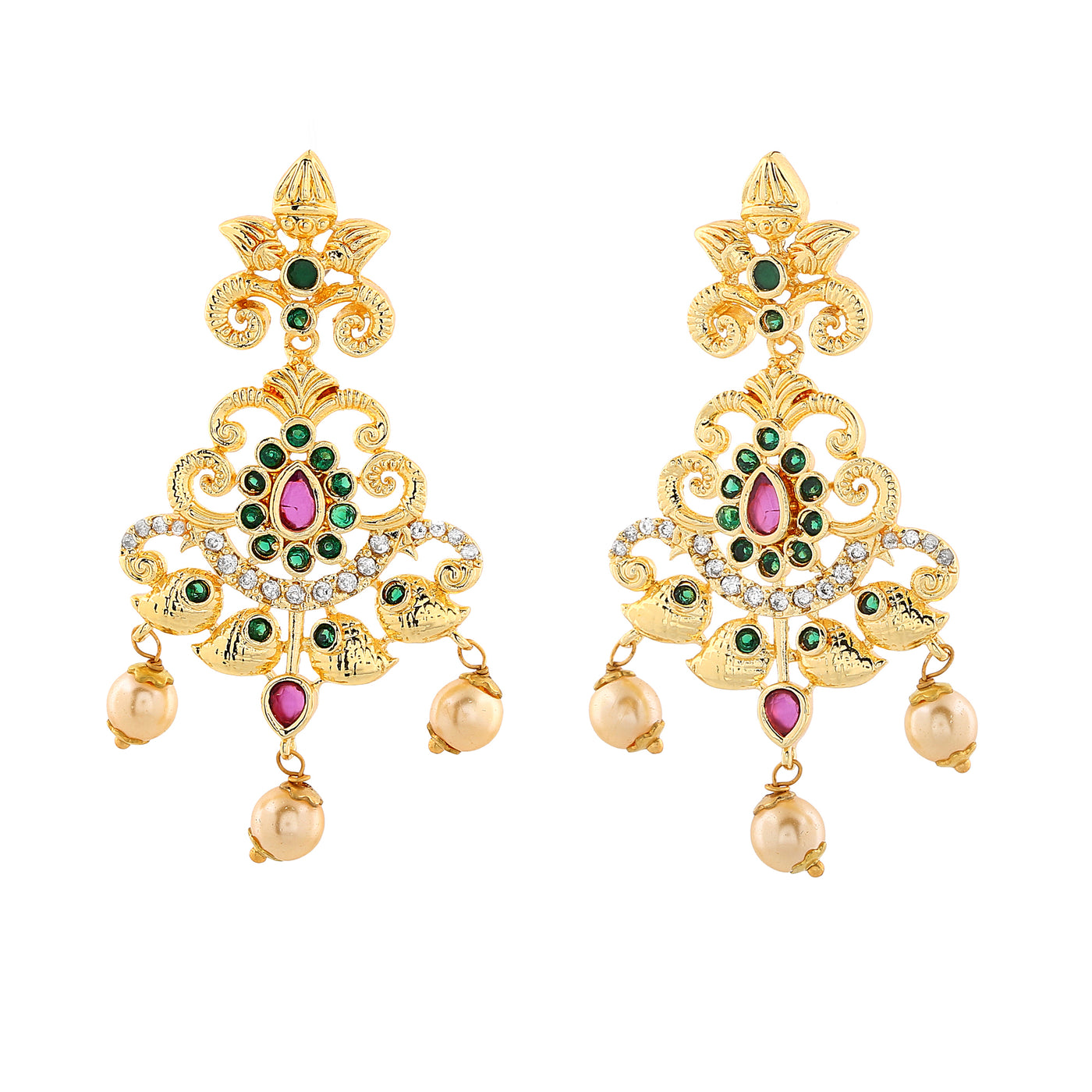 Estele Gold Plated CZ Swirling Symphony Earrings with Pearl & Multi Color Crystals for Women