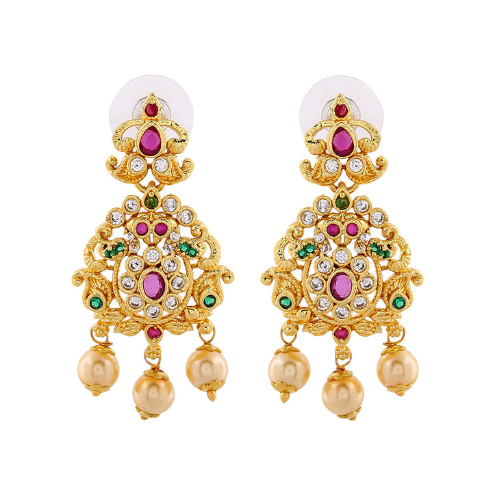 Estele Gold Plated CZ Dazzling Drop Earrings with Pearl & Multi Color Crystals for Women