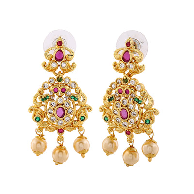 Estele Gold Plated CZ Dazzling Drop Earrings with Pearl & Multi Color Crystals for Women