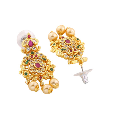 Estele Gold Plated CZ Dazzling Drop Earrings with Pearl & Multi Color Crystals for Women