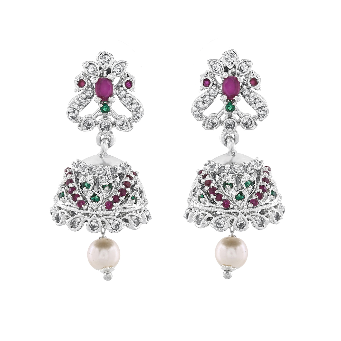 Estele Rhodium Plated CZ Arcadia Jhumki Earrings with Pearl & Ruby Crystals for Women