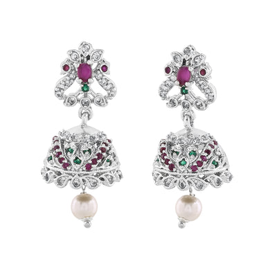 Estele Rhodium Plated CZ Arcadia Jhumki Earrings with Pearl & Ruby Crystals for Women