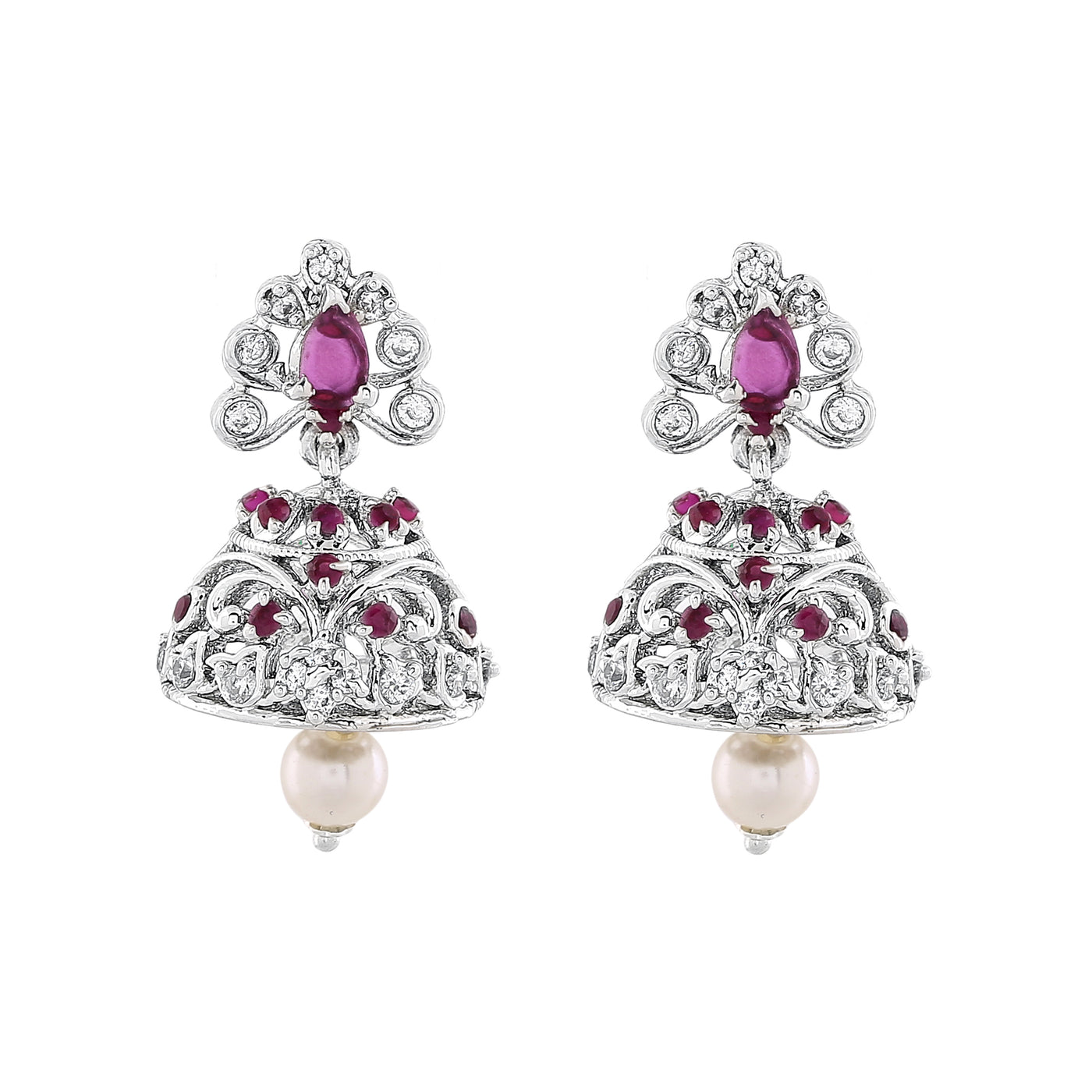 Estele Rhodium Plated CZ Sparkling Jhumki Earrings with Pearl & Pink Crystals for Women