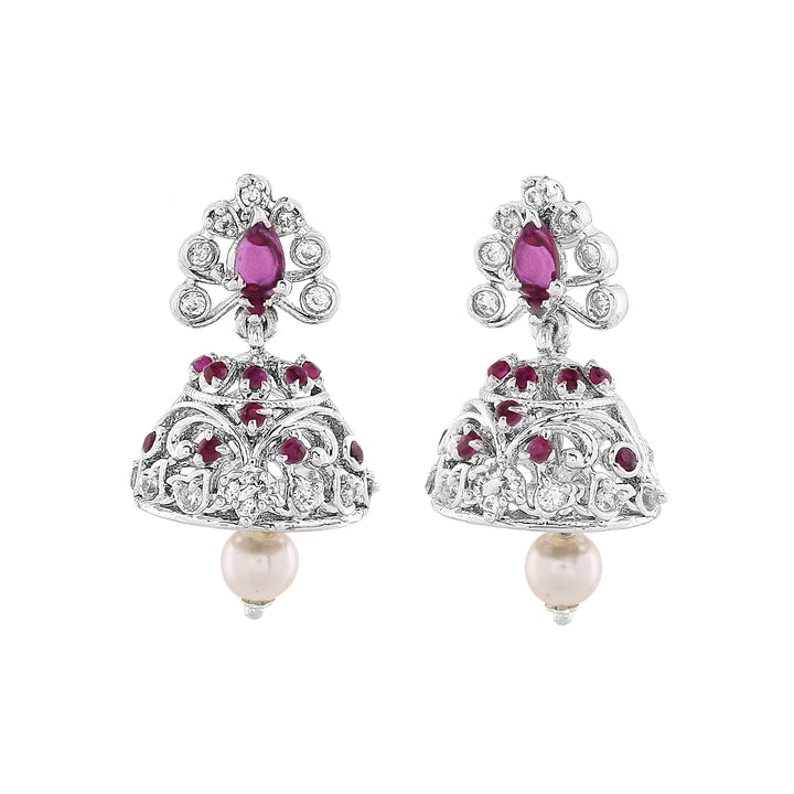 Estele Rhodium Plated CZ Sparkling Jhumki Earrings with Pearl & Pink Crystals for Women