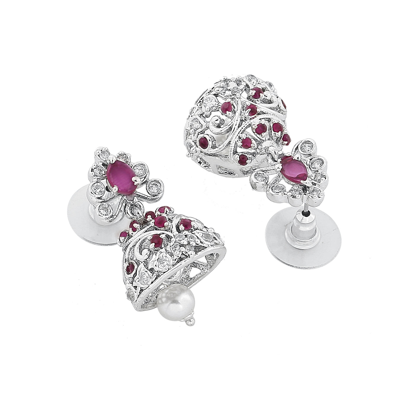 Estele Rhodium Plated CZ Sparkling Jhumki Earrings with Pearl & Pink Crystals for Women