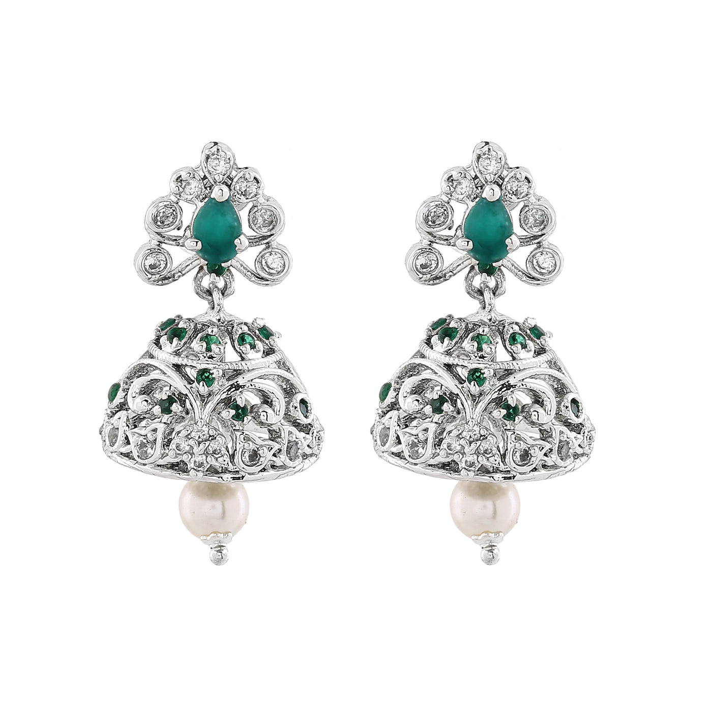 Estele Rhodium Plated CZ Splendid Jhumki Earrings with Pearl & Green Crystals for Women
