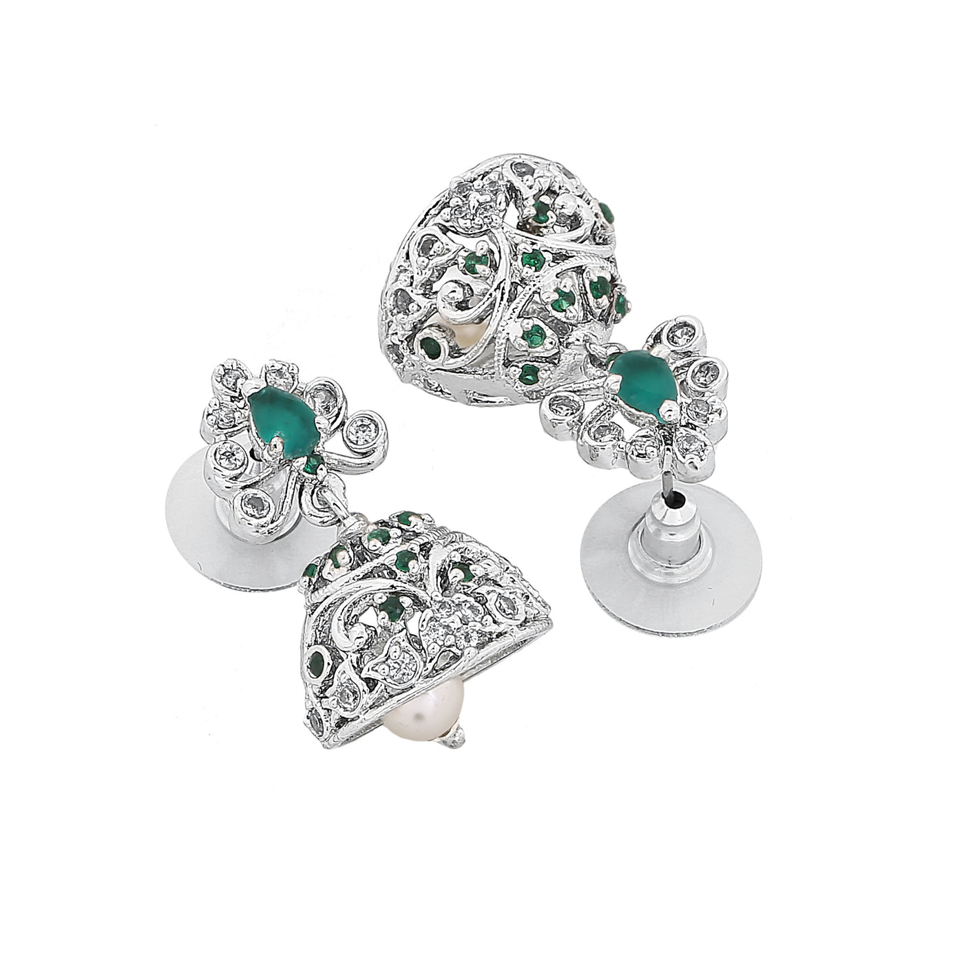 Estele Rhodium Plated CZ Splendid Jhumki Earrings with Pearl & Green Crystals for Women