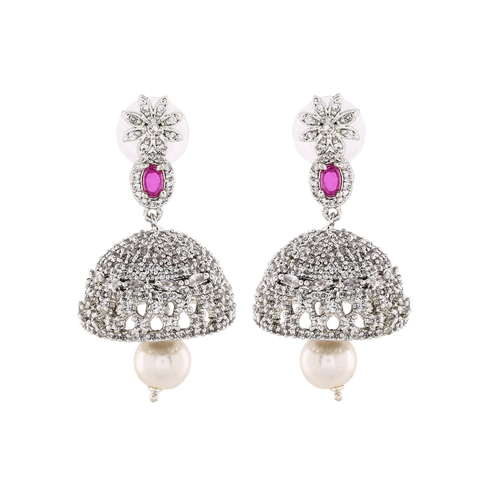 Estele Rhodium Plated CZ Designer Jaliwala Jhumka Earrings with Pearl & Ruby Crystals for Women