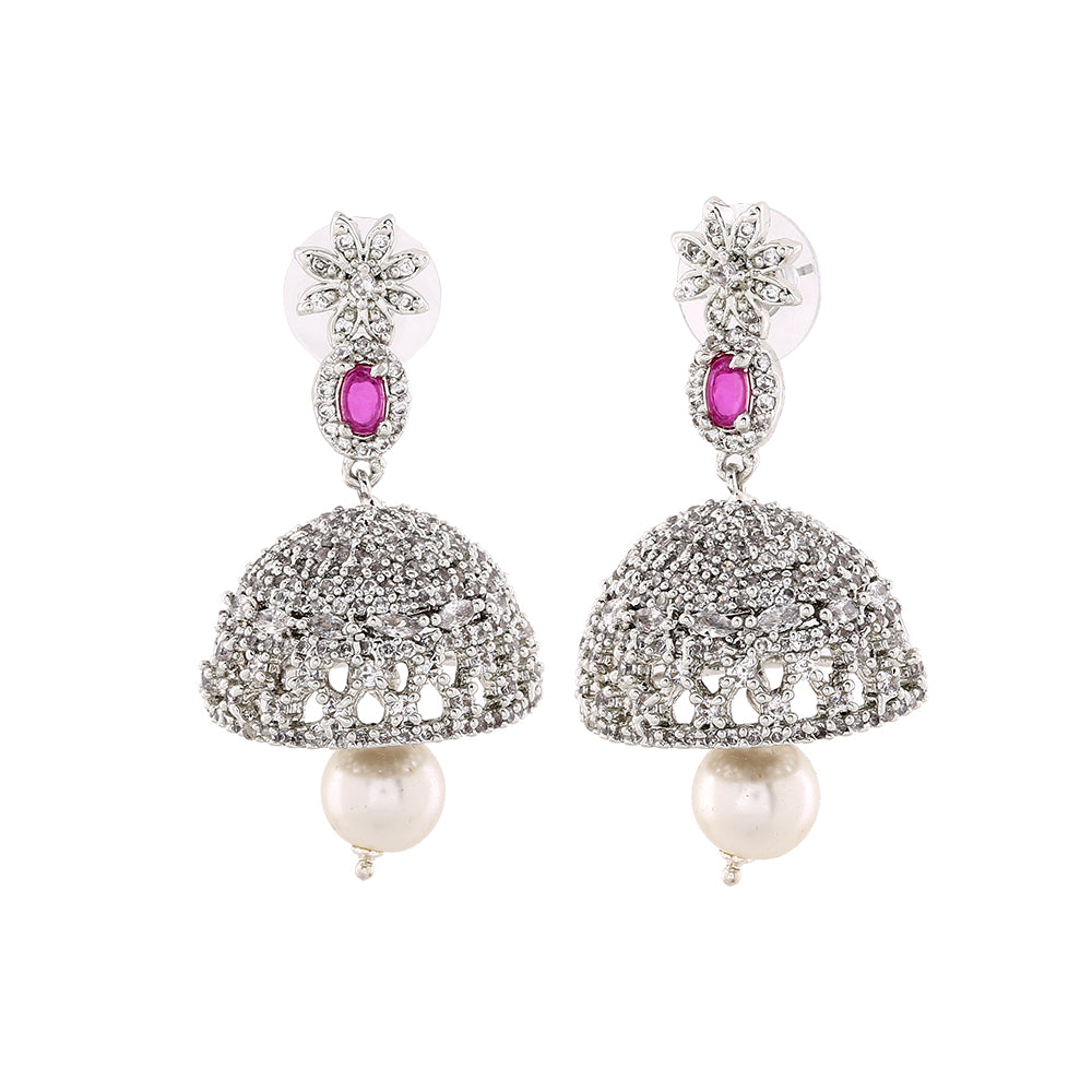 Estele Rhodium Plated CZ Designer Jaliwala Jhumka Earrings with Pearl & Ruby Crystals for Women