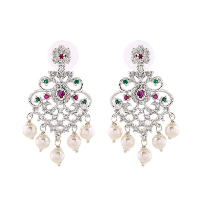 Estele Rhodium Plated CZ Manbhavan Earrings with Pearl & Multi Color Crystals for Women