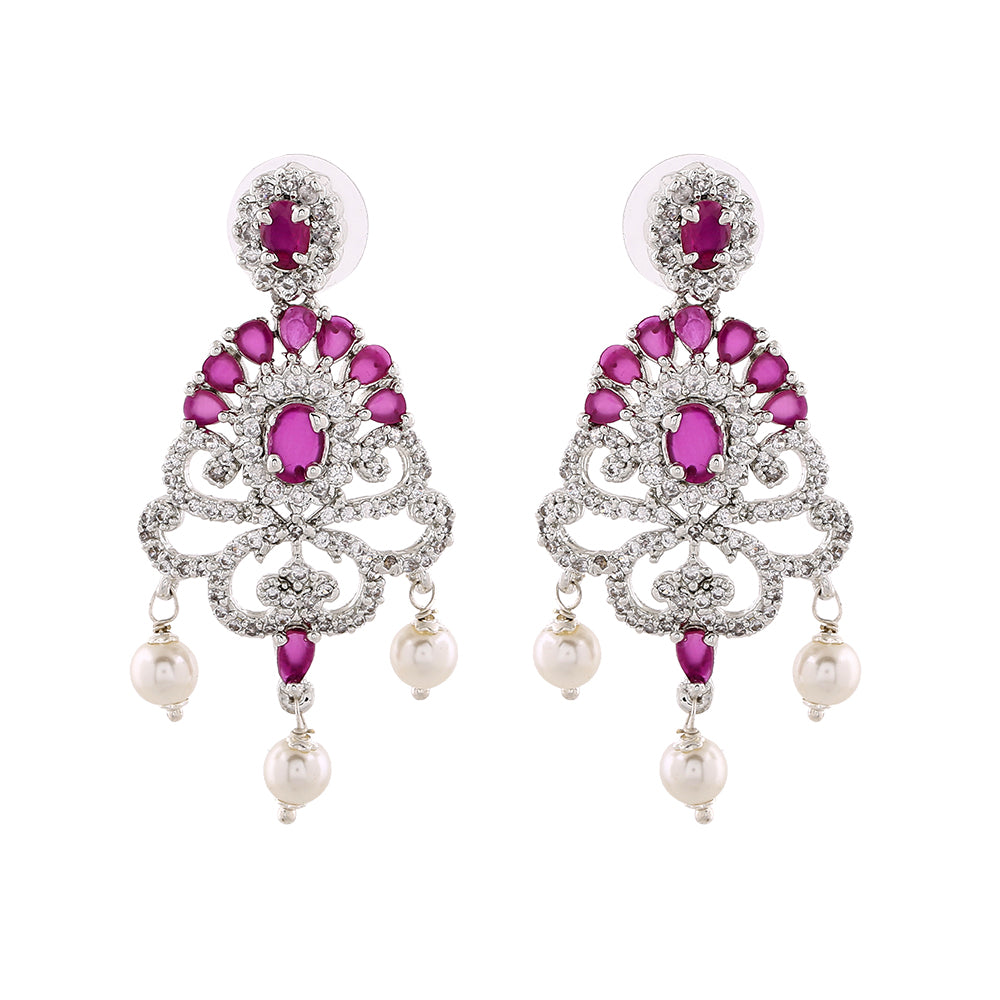 Estele Rhodium Plated CZ Tiara Earrings with Pearl & Ruby Crystals for Women