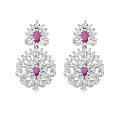 Estele Rhodium Plated CZ Radiance Flower Designer Earrings with Pink Crystals for Women