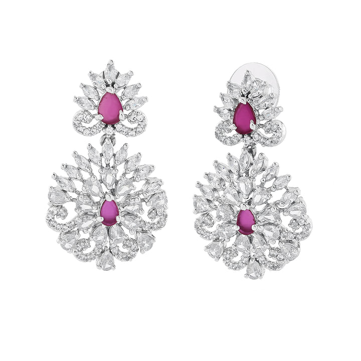 Estele Rhodium Plated CZ Radiance Flower Designer Earrings with Pink Crystals for Women