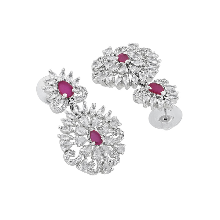 Estele Rhodium Plated CZ Radiance Flower Designer Earrings with Pink Crystals for Women