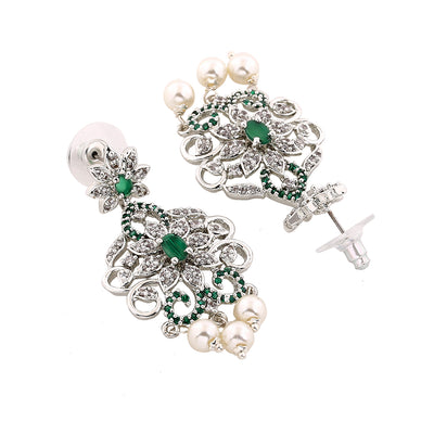 Estele Rhodium Plated CZ Enchanting Drop Earrings with Pearl & Green Crystals for Women