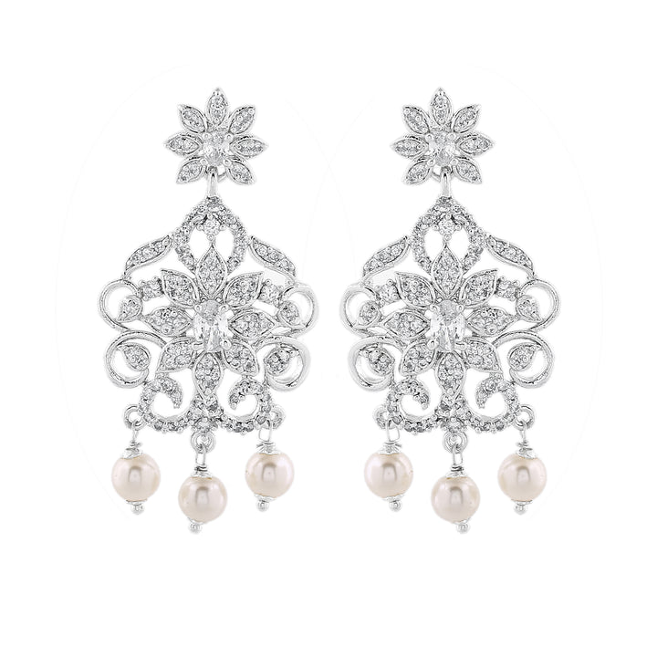 Estele Rhodium Plated CZ Charming Drop Earrings with Pearl & White Crystals for Women