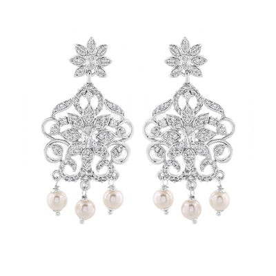 Estele Rhodium Plated CZ Charming Drop Earrings with Pearl & White Crystals for Women