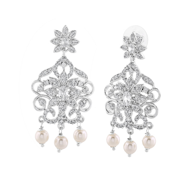 Estele Rhodium Plated CZ Charming Drop Earrings with Pearl & White Crystals for Women