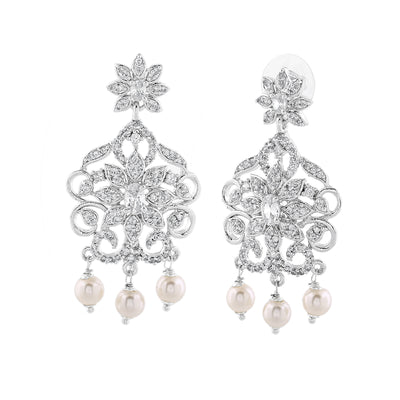 Estele Rhodium Plated CZ Charming Drop Earrings with Pearl & White Crystals for Women