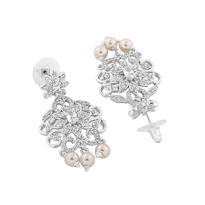 Estele Rhodium Plated CZ Charming Drop Earrings with Pearl & White Crystals for Women