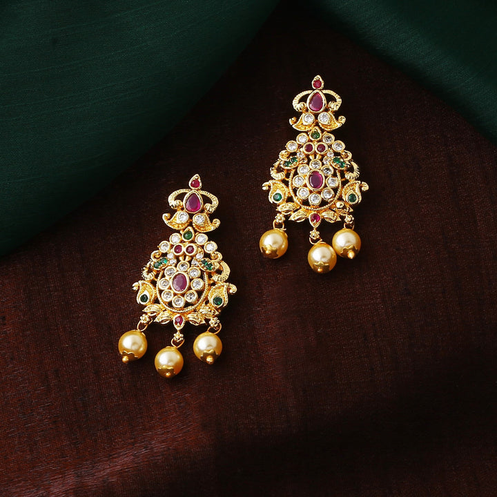 Estele Gold Plated CZ Dazzling Drop Earrings with Pearl & Multi Color Crystals for Women