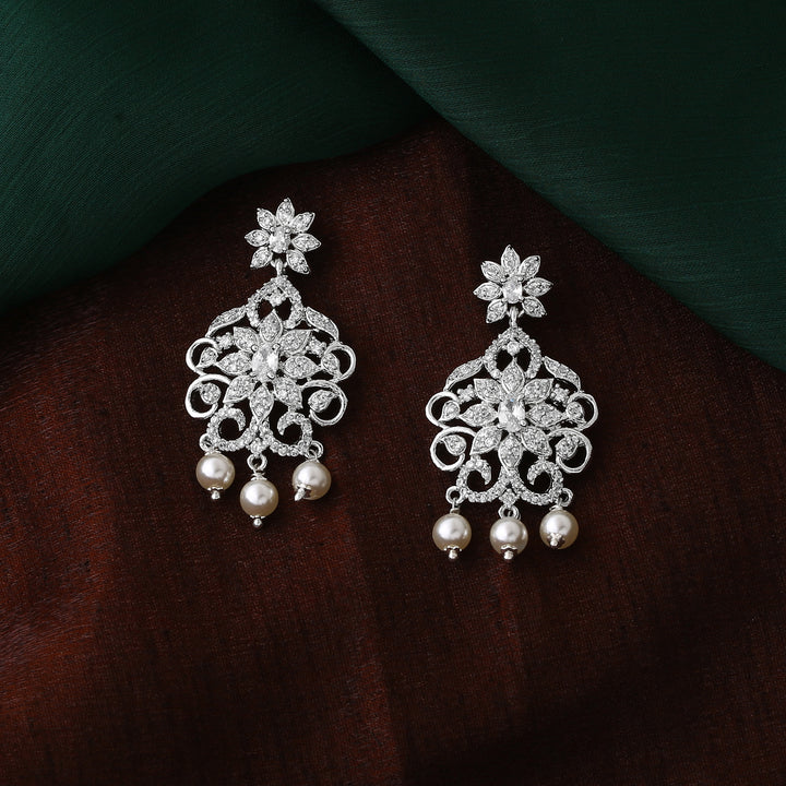 Estele Rhodium Plated CZ Charming Drop Earrings with Pearl & White Crystals for Women
