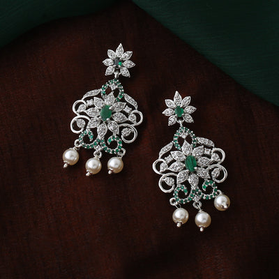 Estele Rhodium Plated CZ Enchanting Drop Earrings with Pearl & Green Crystals for Women