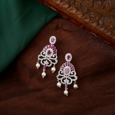 Estele Rhodium Plated CZ Tiara Earrings with Pearl & Ruby Crystals for Women