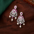 Estele Rhodium Plated CZ Tiara Earrings with Pearl & Ruby Crystals for Women