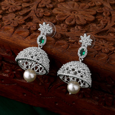 Estele Rhodium Plated CZ Designer Jaliwala Jhumka Earrings with Pearl & Emerald Crystals for Women