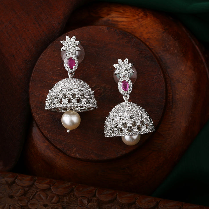 Estele Rhodium Plated CZ Designer Jaliwala Jhumka Earrings with Pearl & Ruby Crystals for Women