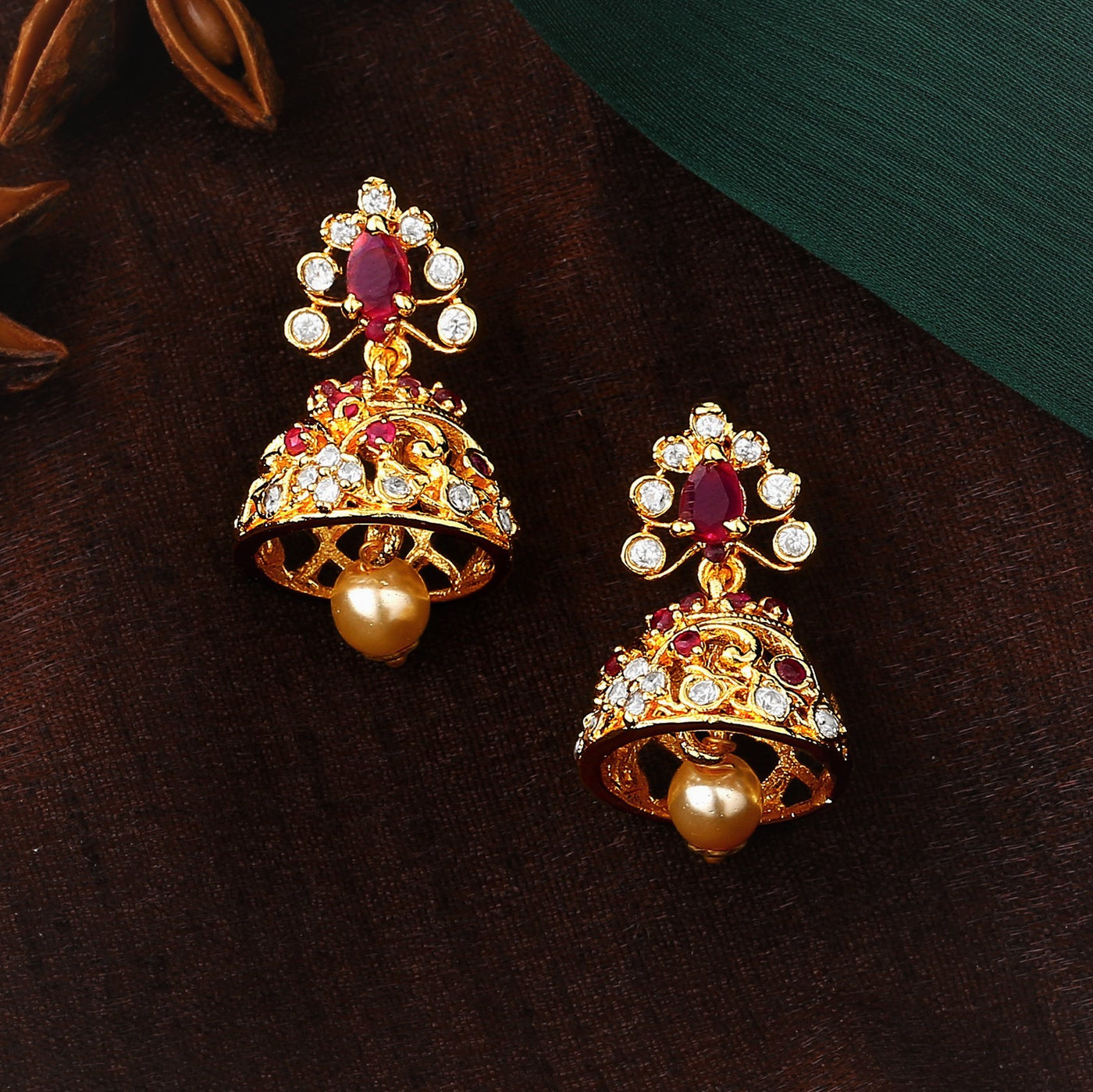 Estele Gold Plated CZ Sparkling Jhumki Earrings with Pearls & Pink Crystals for Women