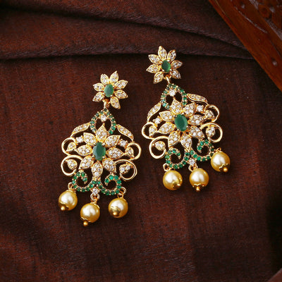 Estele Gold Plated CZ Enchanting Drop Earrings with Pearl & Green Crystals for Women