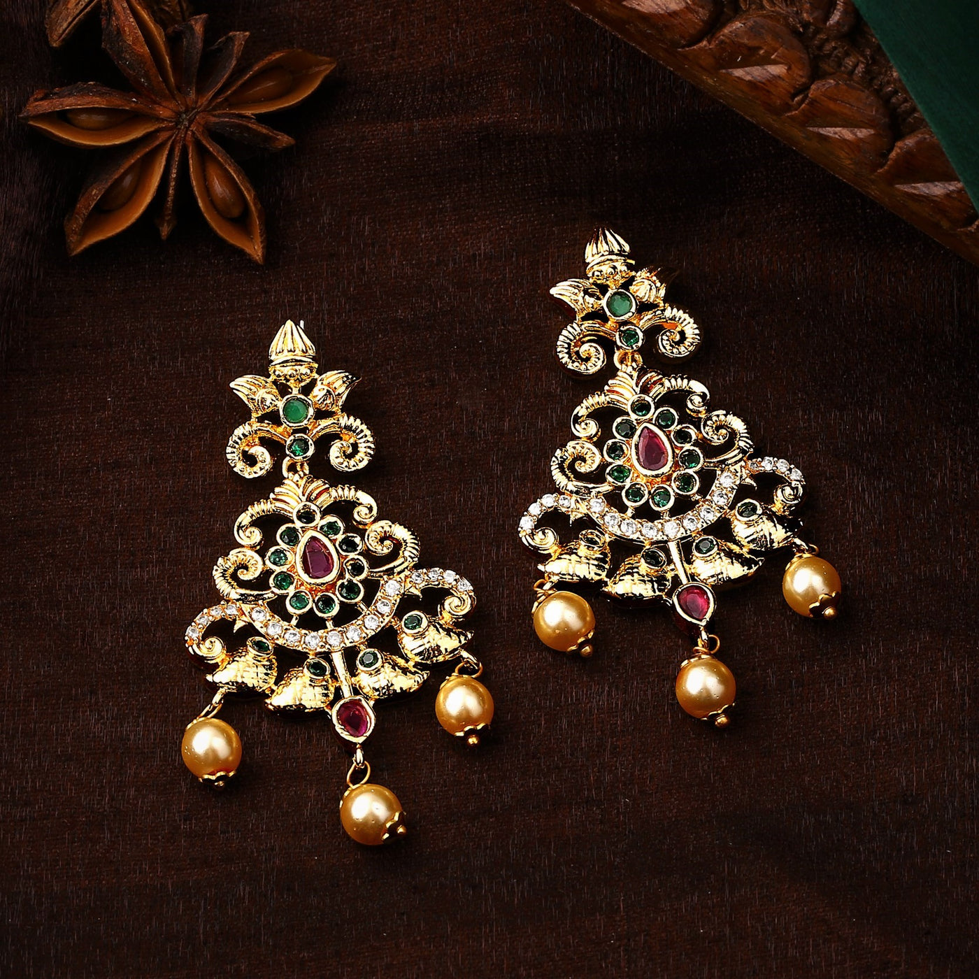 Estele Gold Plated CZ Swirling Symphony Earrings with Pearl & Multi Color Crystals for Women
