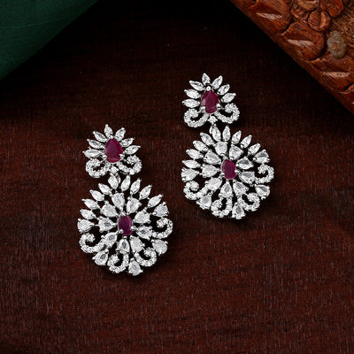 Estele Rhodium Plated CZ Radiance Flower Designer Earrings with Pink Crystals for Women