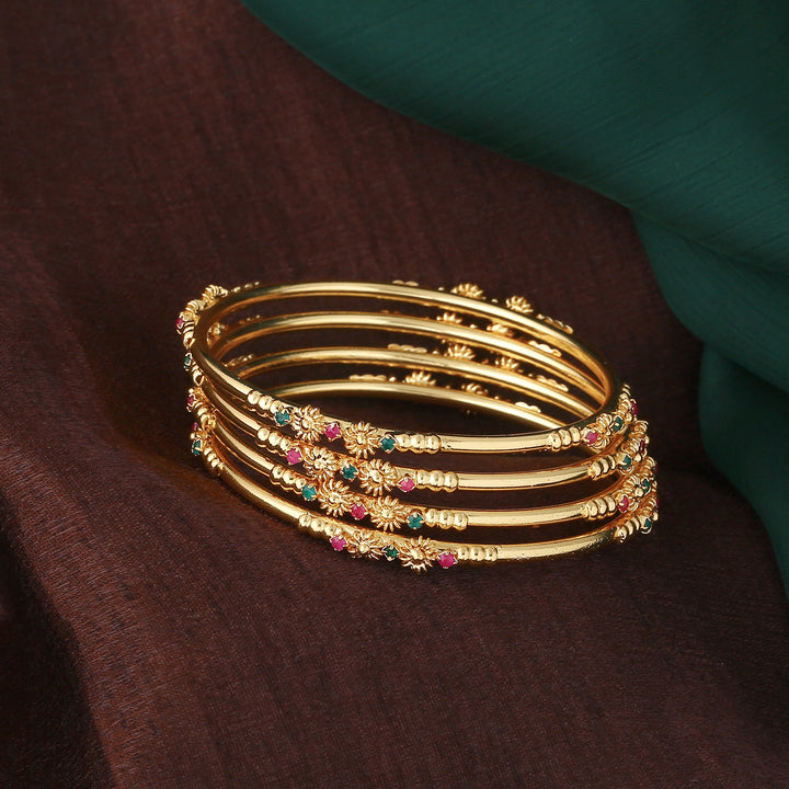 Estele Gold Plated Floral Designer Bangle Set with Crystals for Women