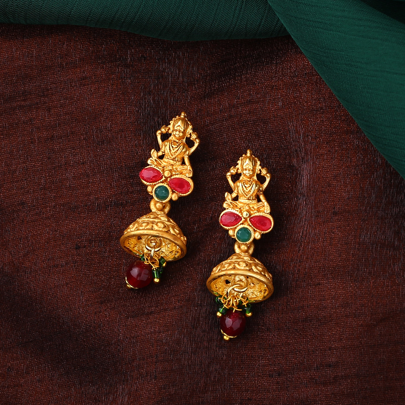 Matt Finish Premium Quality Ruby&Emerald Stone Goddess Lakshmi Design With  pearls Beeds Hanging Earrings Set By Online