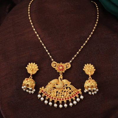 Estele Gold Plated Peacock Designer Necklace set with Pearls for Women