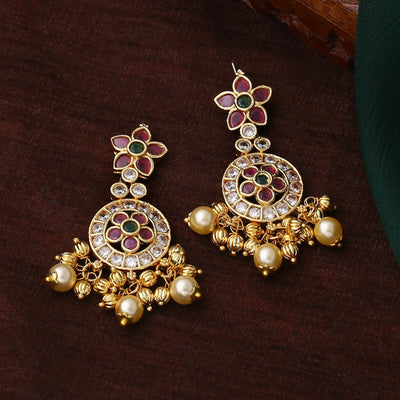 Estele Gold Plated CZ Flower Designer Bridal Earrings with Pearls for Women