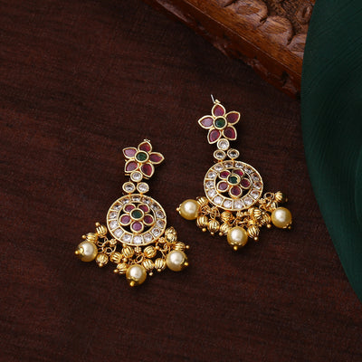Estele Gold Plated CZ Flower Designer Bridal Earrings with Pearls for Women