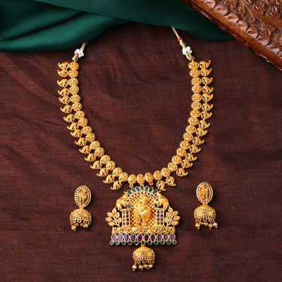 Estele Gold Plated CZ Lord Krishna Embellished with Elephants Designer Necklace Set with Pearls for Women