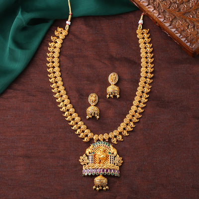 Estele Gold Plated CZ Lord Krishna Designer Necklace Set with Pearls for Women