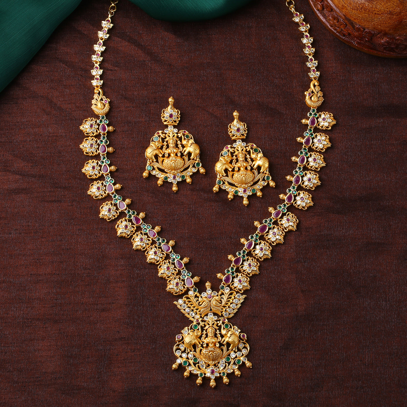 Estele Gold Plated CZ Traditional Laxmi Ji Decorated Bridal Long Necklace Set Combo with Color Stones