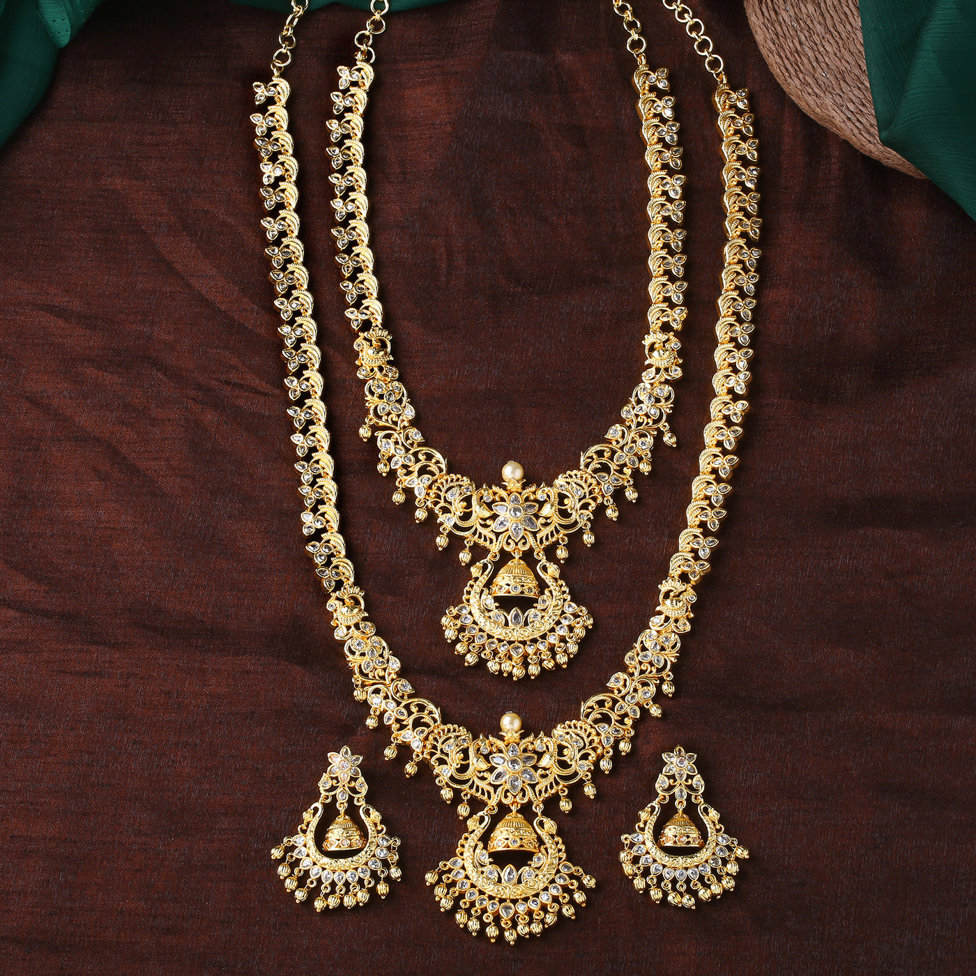 Estele Gold Plated CZ Swarnim Designer Bridal Necklace Set Combo with Pearls for Women