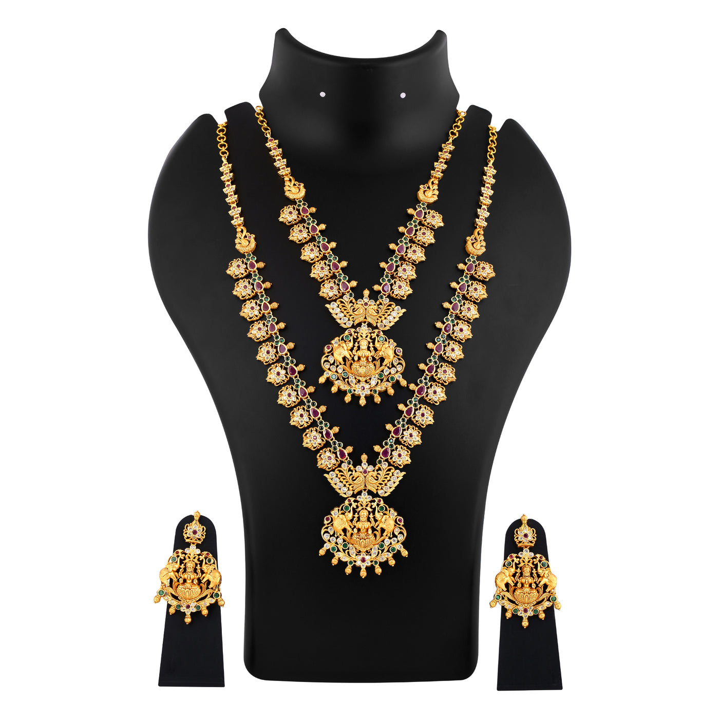 Estele Gold Plated CZ Traditional Laxmi Ji Decorated Bridal Long Necklace Set Combo with Color Stones