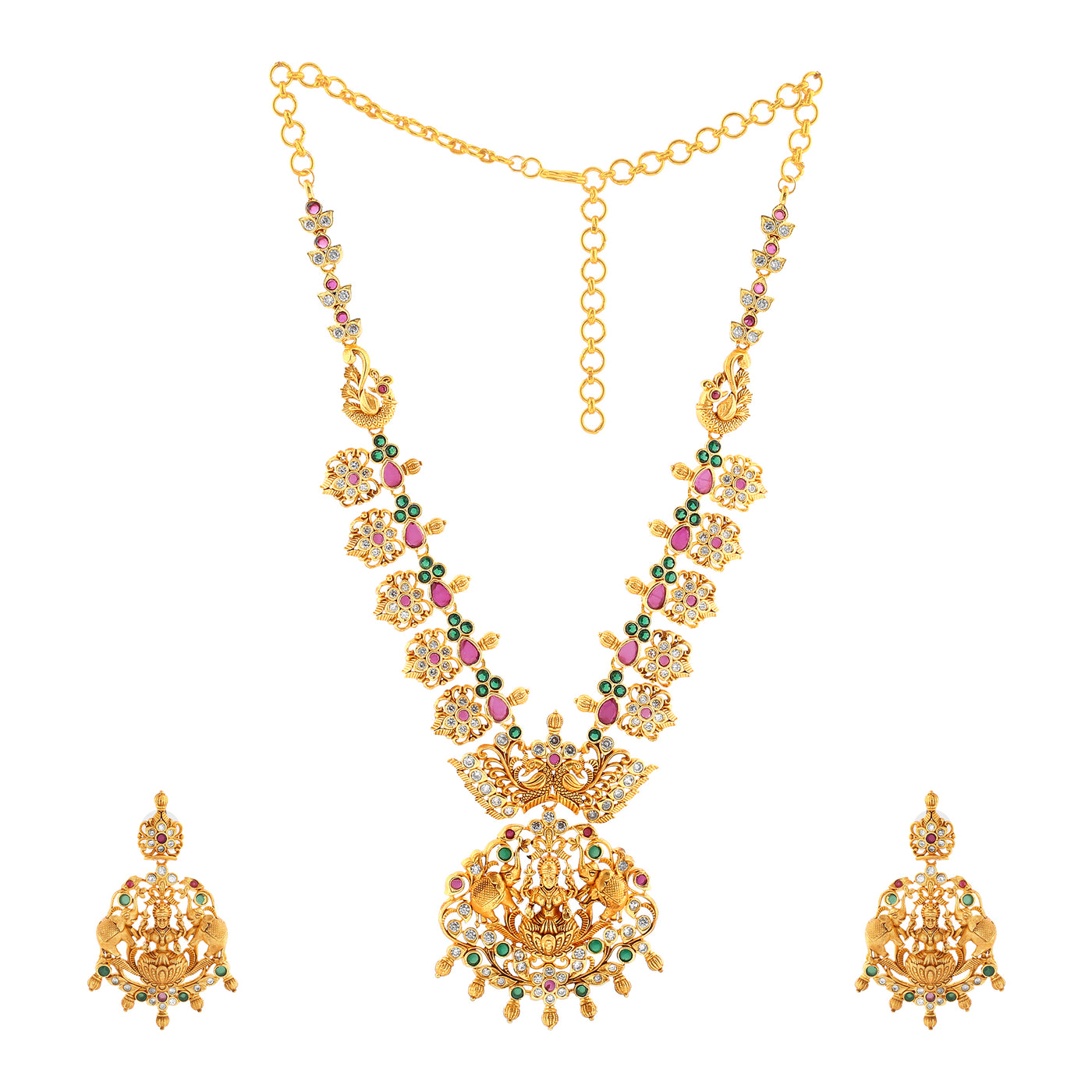 Estele Gold Plated CZ Traditional Laxmi Ji Decorated Bridal Long Necklace Set Combo with Color Stones