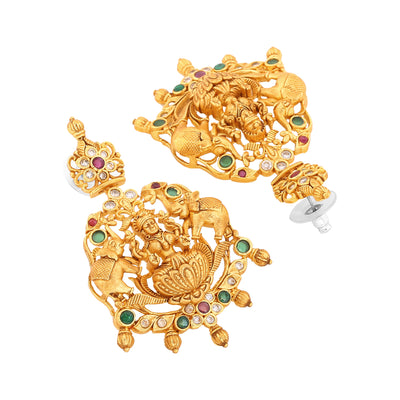 Estele Gold Plated CZ Traditional Laxmi Ji Decorated Bridal Long Necklace Set Combo with Color Stones